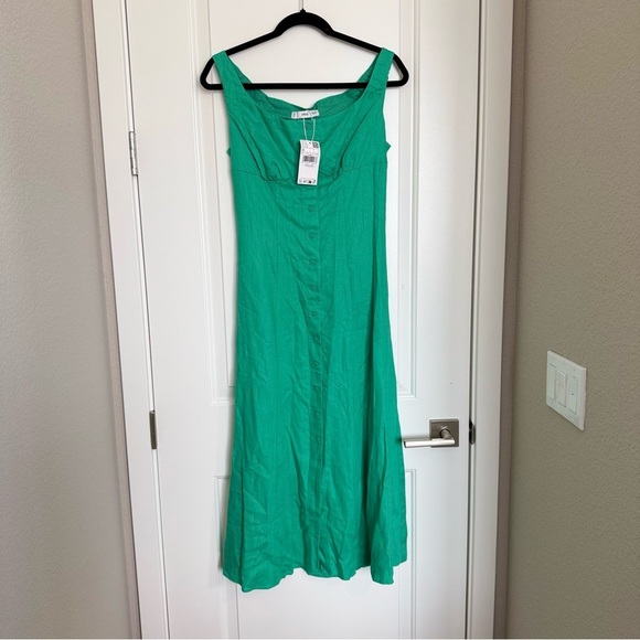 Mango Green Midi Dress Linen-Blend Dress with Buttons Size Medium - Picture 3 of 10